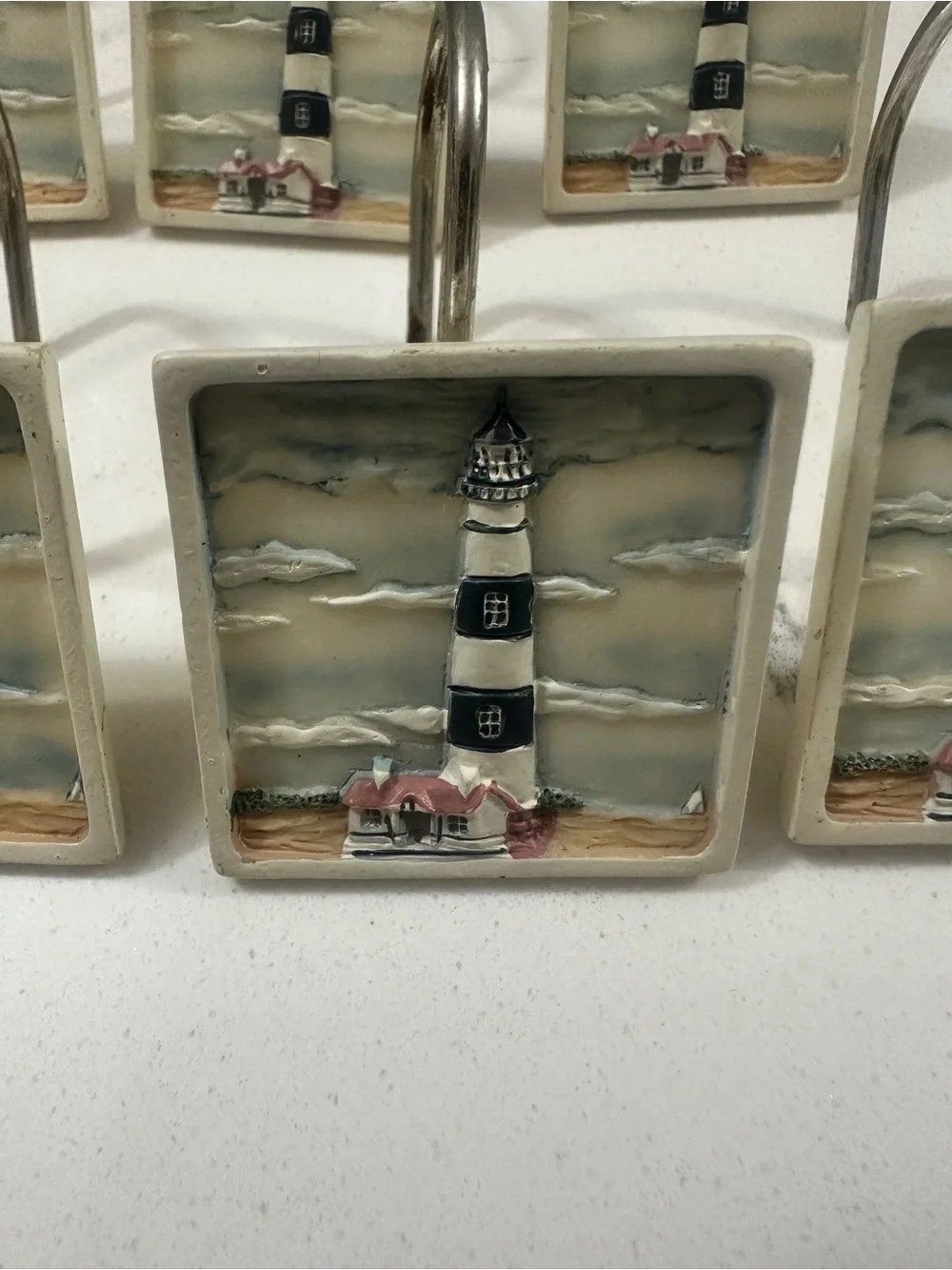 Lighthouse Tile Shower Curtain Hooks - White and Black